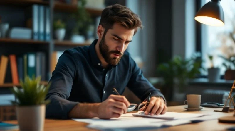 Frau liest Foerderunterlagen am Schreibtisch in einem hellen Buero in NRW