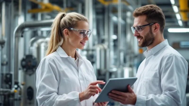 Ausbilder in einer Krefelder Chemieanlage erklaert einer Auszubildenden Produktionsablaeufe