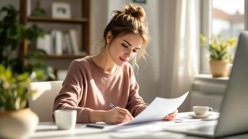 Frau sitzt mit Unterlagen am Schreibtisch in einem hellen Raum in Krefeld