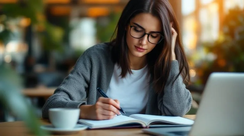 Frau in einem Lernumfeld bereitet sich auf eine IHK-Pruefung vor