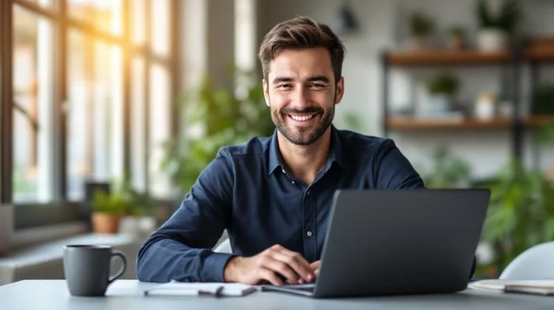 Mann am Laptop in einem modernen Buero in Krefeld, konzentriert auf seine Weiterbildung