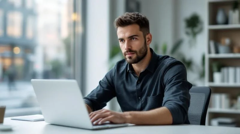 Mann arbeitet konzentriert am Laptop in einem modernen Buero in Krefeld