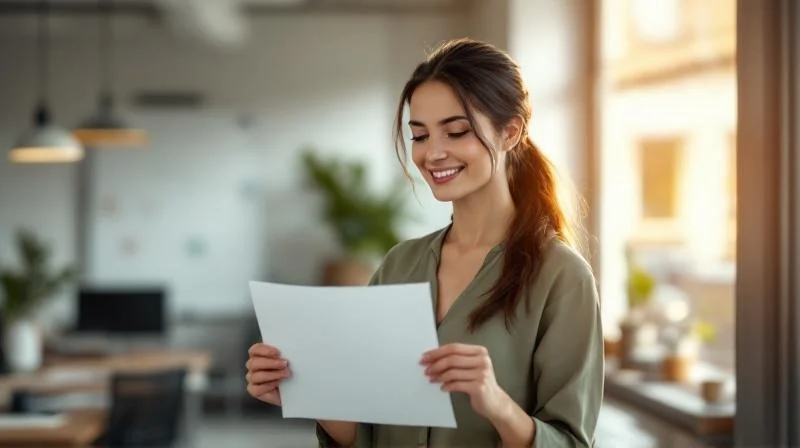 Frau haelt ein IHK-Zertifikat in der Hand und laechelt in einem hellen Buero