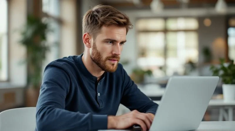Mann schaut konzentriert auf einen Laptop in einem modernen Arbeitsraum in Krefeld