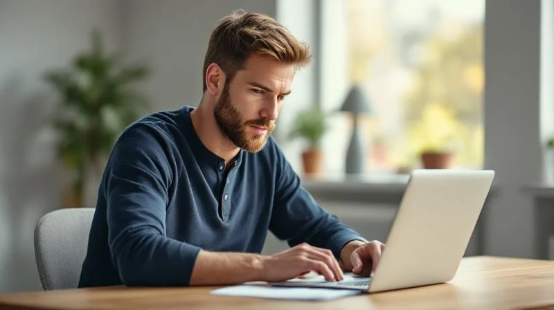 Mann arbeitet konzentriert am Laptop in einem hellen Raum in Krefeld